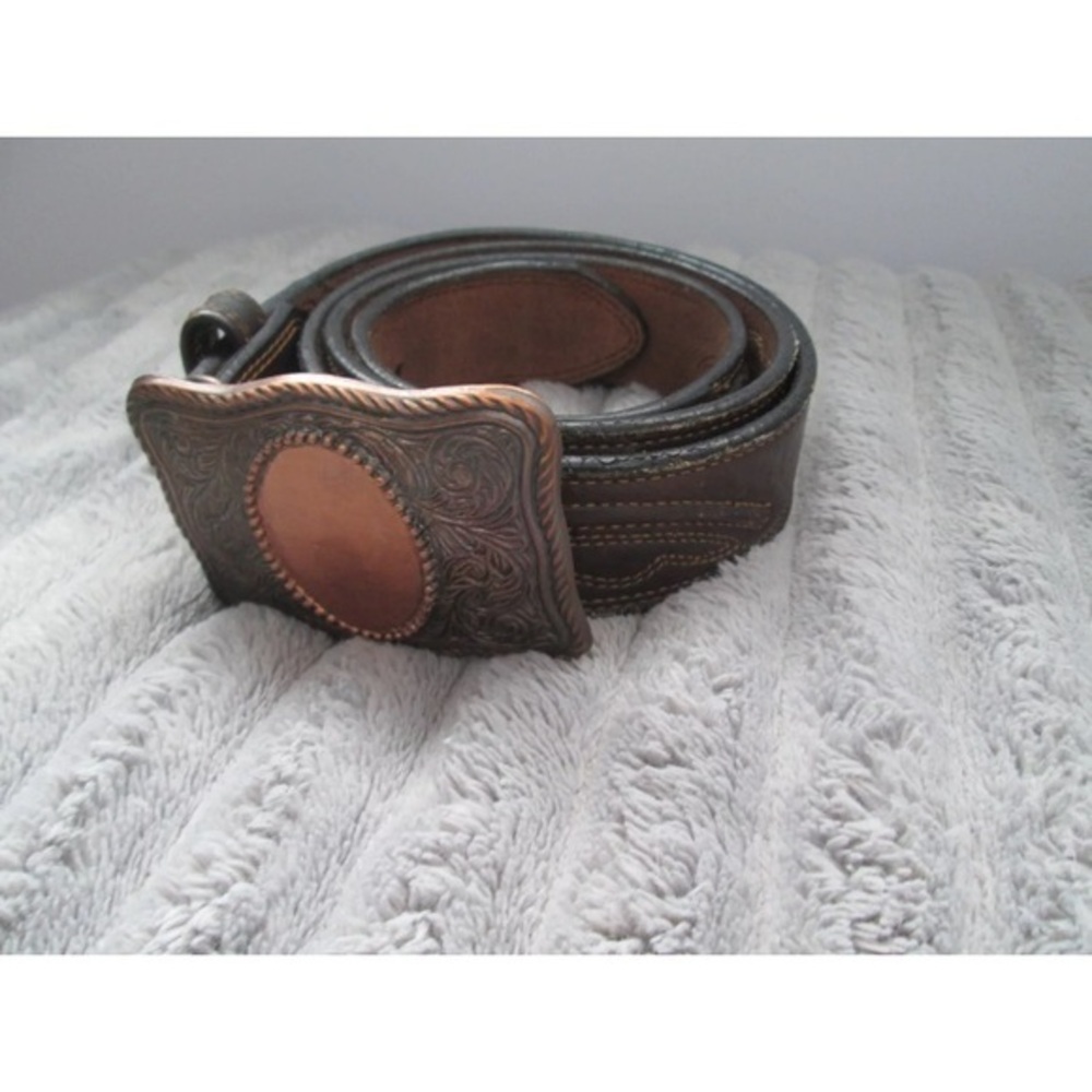 Vintage Larry Mahan Brown Leather Belt Handmade Western Rodeo Ornate Buckle 40‎